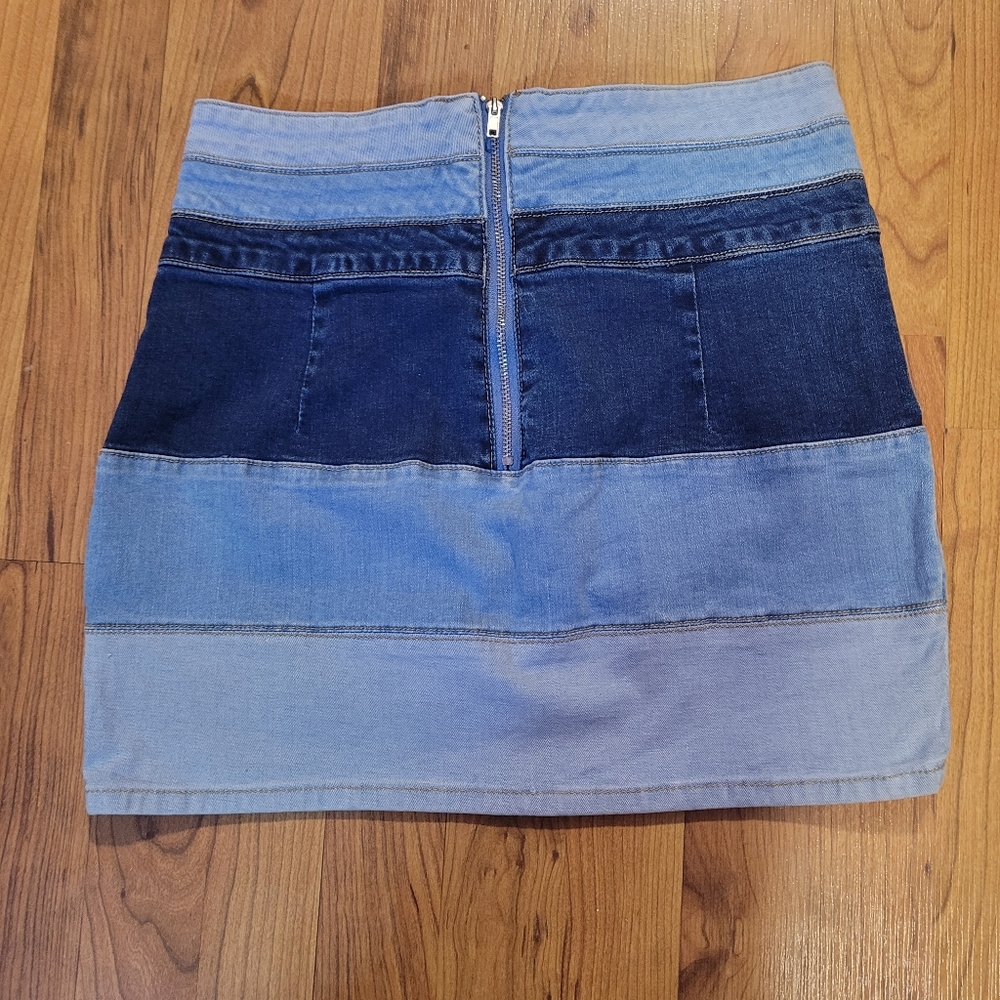 Patchwork Denim Mini Skirt M Bodycon Colorblock Mixed‎ Wash Y2K McBling Club Kid - Picture 3 of 6